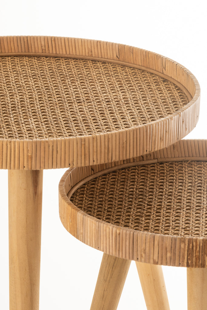 Set of 2 Side Tables Round Tripod Rattan