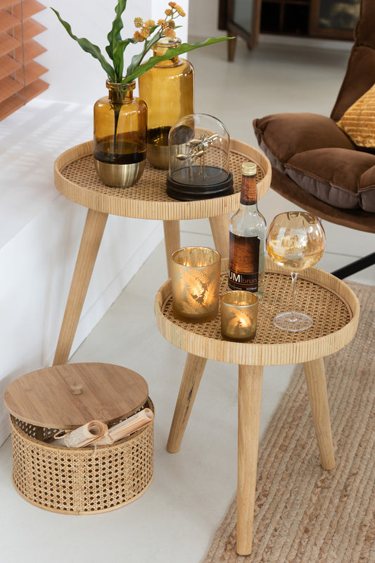 Set of 2 Side Tables Round Tripod Rattan