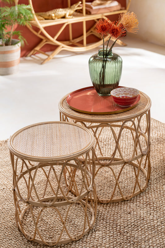 Set of 2 Side Tables Wave Pattern Rattan