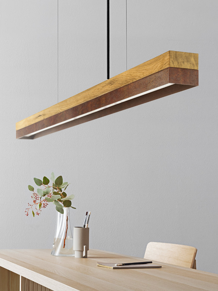 [C1o] Oak Wood & Rust Corten Steel Pendant 122CM