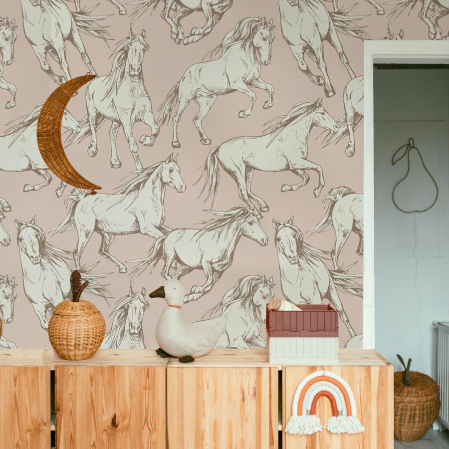 HORSES Pink Wallpaper 100x280CM